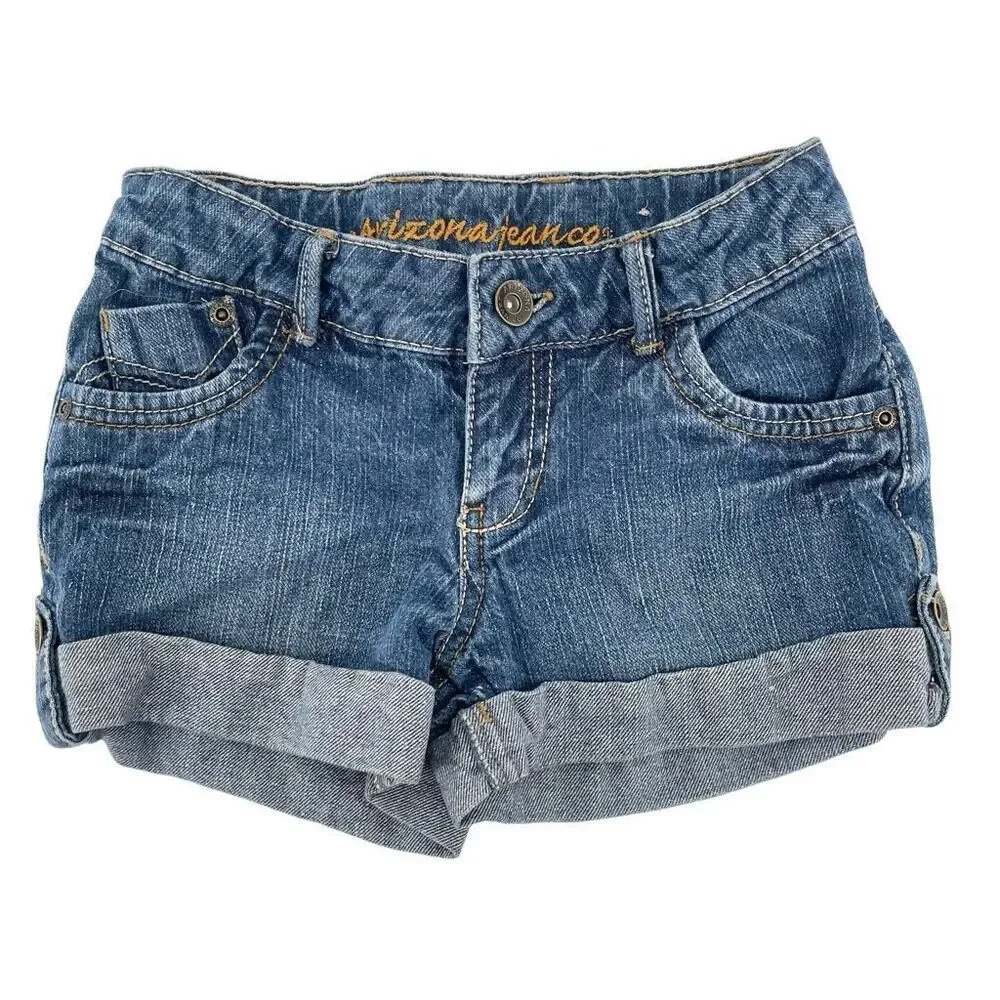 Arizona Jean Co Girls Cuffed Denim Shorts Rolled Hem Size 7 Mid Rise Cotton